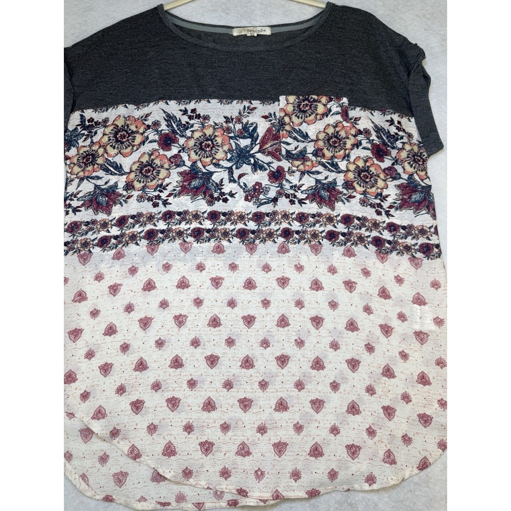 Rewind Floral Colorblock Top Pocket Tee Gray Ivory‎ Burgundy Size L